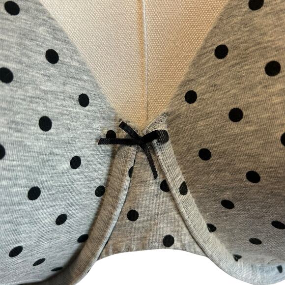 Cacique Lightly Lined T Shirt Bra Gray with Black Polka Dots 46DD Jersey Bow - Picture 2 of 9